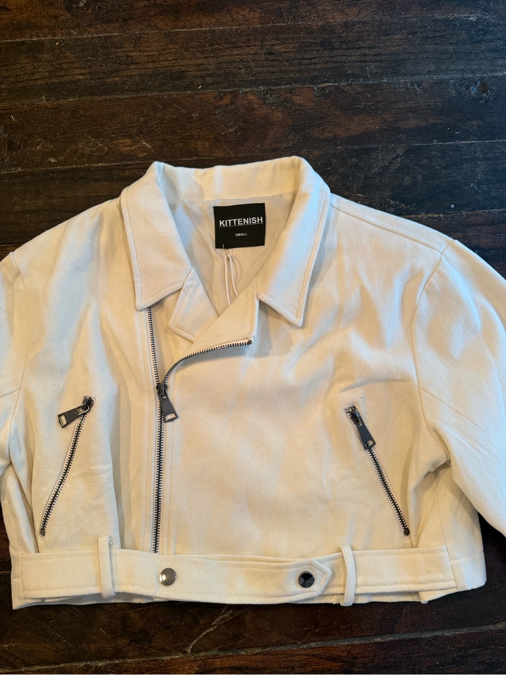 Kittenish Cream Cropped Moto Jacket with Zip Details